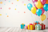 Fototapeta  - Colorful child birthday card with balloons and gifts, with space for text