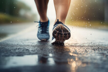 Front View Of A Runner's Leg In Running Shoes Close-up On A Wet Road In The Rain.