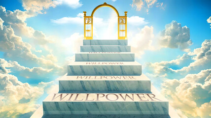 Wall Mural - Willpower as stairs to reach out to the heavenly gate for reward, success and happiness.Willpower elevates and brings closer to the goals, achievements and final reward, Generative AI,3d illustration