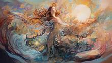 Archangel Ariel, Radiant And Shimmering, Overseeing A Planet Teeming With Life And Diversity, Energy Infusing The Scene With Hues Of The Dawn's First Light, Painting On Canvas With A Palette Of Nature