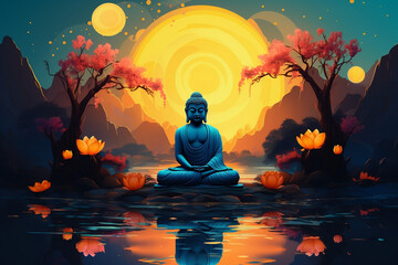 Wall Mural - Peaceful Buddha Purnima Celebration, Illustration of a spiritual holiday background,