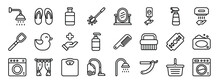 Set Of 24 Outline Web Bathroom Icons Such As Shower Head, Flip Flops, Shampoo, Toilet Brush, Mirror, Soap Container, Spray Bottle Vector Icons For Report, Presentation, Diagram, Web Design, Mobile