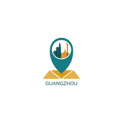 China Guangzhou map pin point geolocation modern skyline shape pointer vector logo icon isolated illustration. Web emblem idea with landmarks and building silhouettes