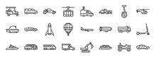 Set Of 24 Outline Web Vehicles Transportation Icons Such As Golf Cart, Minivan, Buggy, Cable Car Cabin, Reporter, Grader, Vector Icons For Report, Presentation, Diagram, Web Design, Mobile App