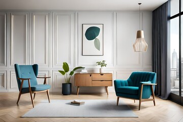 Stylish scandinavian living room interior of modern apartment with wooden commode, design armchair, carpet, leaf in vase, table lamp and personal accessories in unique home decor. Template.