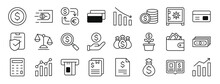 Set Of 24 Outline Web Finance Icons Such As Coin, Money Transfer, Currency, Credit Cards, Graph, Coins, Safety Box Vector Icons For Report, Presentation, Diagram, Web Design, Mobile App