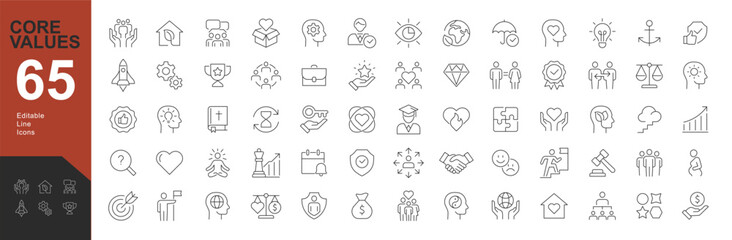 Core Values Line editable icons set. Vector illustration in modern thin line style of Core Values icons: integrity, innovation, growth, goal, trust, family, passion, ethic, education, profession.