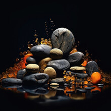 Beautiful Composition Of Stones, Amber And Pebbles,