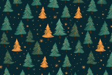 Christmas Trees Pattern In Yellow Green Colors For Design Of Greeting Card, Invitation,banner, Web, Wrapping Paper. Generative Ai