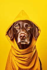 Wall Mural - Brown dog wearing yellow towel over its head and looking at the camera.