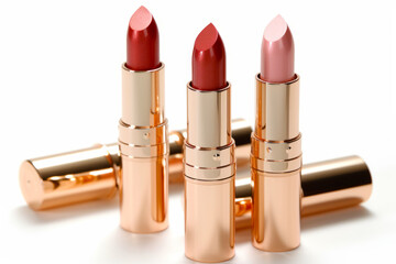 Close up of three lipsticks on white surface with white background.