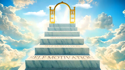 Wall Mural - Self motivation as stairs to reach out to the heavenly gate for reward, success and happiness. Self motivation elevates and leads to the glorious end, Generative AI,3d illustration