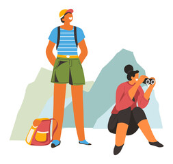 Wall Mural - couple hiking and trekking, mountaineering rest