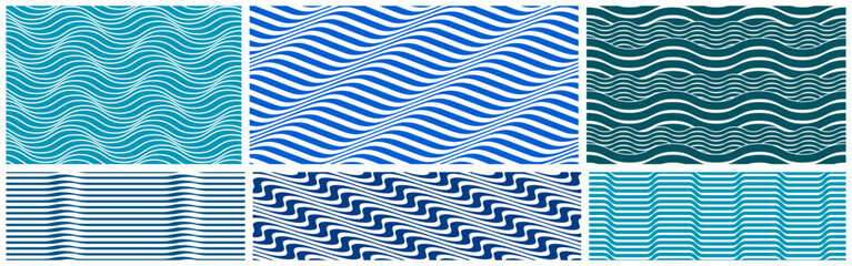 Geometric wavy lines seamless pattern vector set, 3D dimensional endless background wallpaper design image collection, stripy curved tillable texture.