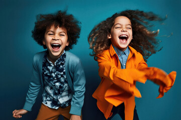 two happy kids are smiling and laughing on blue background, ai generated