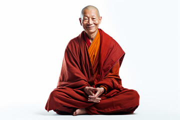 Man in red robe sitting on the ground with his hands in the air.