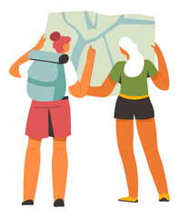 Wall Mural - backpackers reading map for trekking in mountains