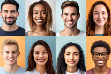  Collage of many happy smiling positive multicultural faces of young people over colorful backgrounds
