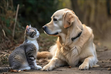 dog and cat resting in backyard outside