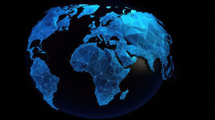 3d world map network connection glowing polygonal triangle neon lines on dark black background. worl