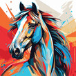 Painting of horse with colorful paint splatches on it's face.