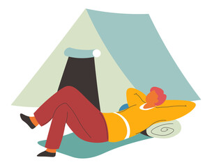 Wall Mural - man laying on mat by tent, camping weekends vector