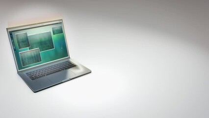 Wall Mural - laptop 3d render on white surface with running programs, business work on notebook mockup website te
