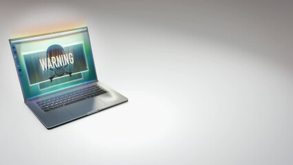 Wall Mural - laptop opens on white reflective surface show virus infestation symbol 3d render animation. concept 