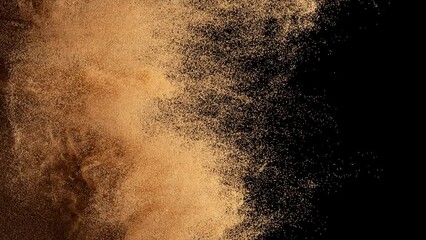 Bronze particles fly on a black background. The wind blows away colored sand. Powder. Spray. Texture. 3d animation.