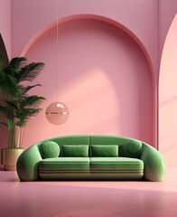 A vibrant mix of bold colors and lush furniture create a unique and lively interior design, featuring a green couch and a houseplant loveseat amidst a bright pink wall