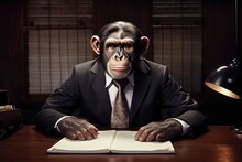 A Chimp In A Smart Suit Sits At A Desk In An Office.