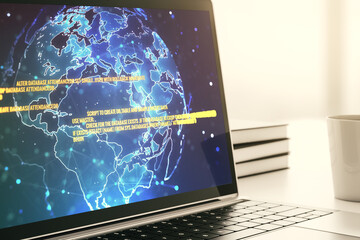 Wall Mural - modern computer display with abstract software development hologram and world map, global research a