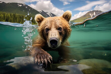A Brown Bear Swimming In A Lake With Mountains In The Background
