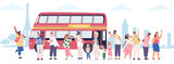 Fototapeta Londyn - Tourist group bus. Travel tourists crowd with guide excursion at london transportation tour, foreigner tourism landmark sightseeing holiday travelling, classy vector illustration