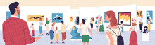 People At Art Gallery. Public Exhibitions Visitors Group Looking Paintings And Expositive Exhibits Inside Museum Or Hermitage Interior, Cultural Tourism Classy Vector Illustration