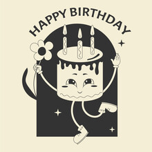 Retro Black Cake With Funny Face And Candles. Cute Groovy Character With Flower. Happy Birthday.