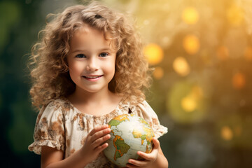 Cute little girl holding a globe. Learning, school, knowledge concept, with copy space. AI generative, illustration