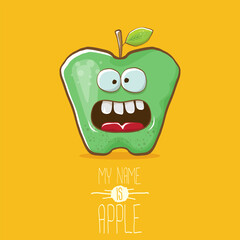 very funny cartoon cute green apple character isolated on orange background. My name is apple vector concept. vector super funky fruit summer food character