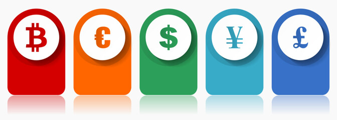 Fototapete - Currency icon set, miscellaneous vector icons such as bitcoin, euro, dollar, yen and pound, modern design infographic template, web buttons in 5 color options