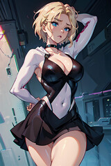 Illustration of a cute blushing girl with blonde short hair, colorful glowing eyes, black crop top, mini skirt. blurred background.