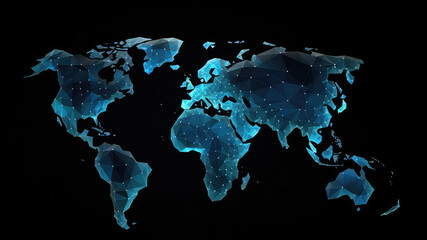 3d world map network connection glowing polygonal triangle neon lines on dark black background. worl