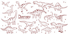 Dinosaurs' Illustration Set. Prehistoric Animals Vector Illustration Collection. Hand Drawn Line Art Style.