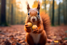 A Squirrel Holding A Nut. Animals In The Autumn Forest. Wildlife Background
