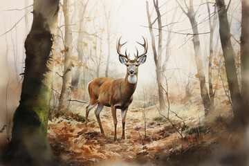 Wall Mural - watercolor art of a deer in beautiful autumnal forest. generative ai.