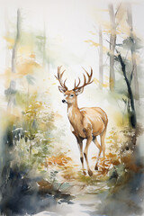 Wall Mural - watercolor art of a deer in beautiful autumnal forest. generative ai.