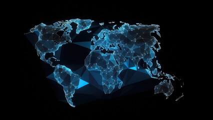 3d world map network connection glowing polygonal triangle neon lines on dark black background. worl