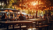 canvas print picture - Bokeh background of street bar beer restaurant, outdoor. People sit chill out and hang out dinner and listen to music together in avenue. Happy life. Generative Ai