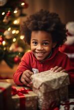 Happy Young Boy Opening Christmas Gifts And Presents Under Christmas Tree. Generative AI