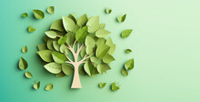 Creative Concept Earth Day Banner Template. Nature, Trees And Green Leaves In Paper Cut Out Style. 3d Render Illustration Style Illustration.