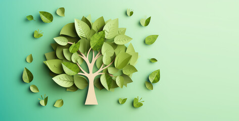 Creative concept Earth Day banner template. Nature, trees and green leaves in paper cut out style. 3d render illustration style illustration.